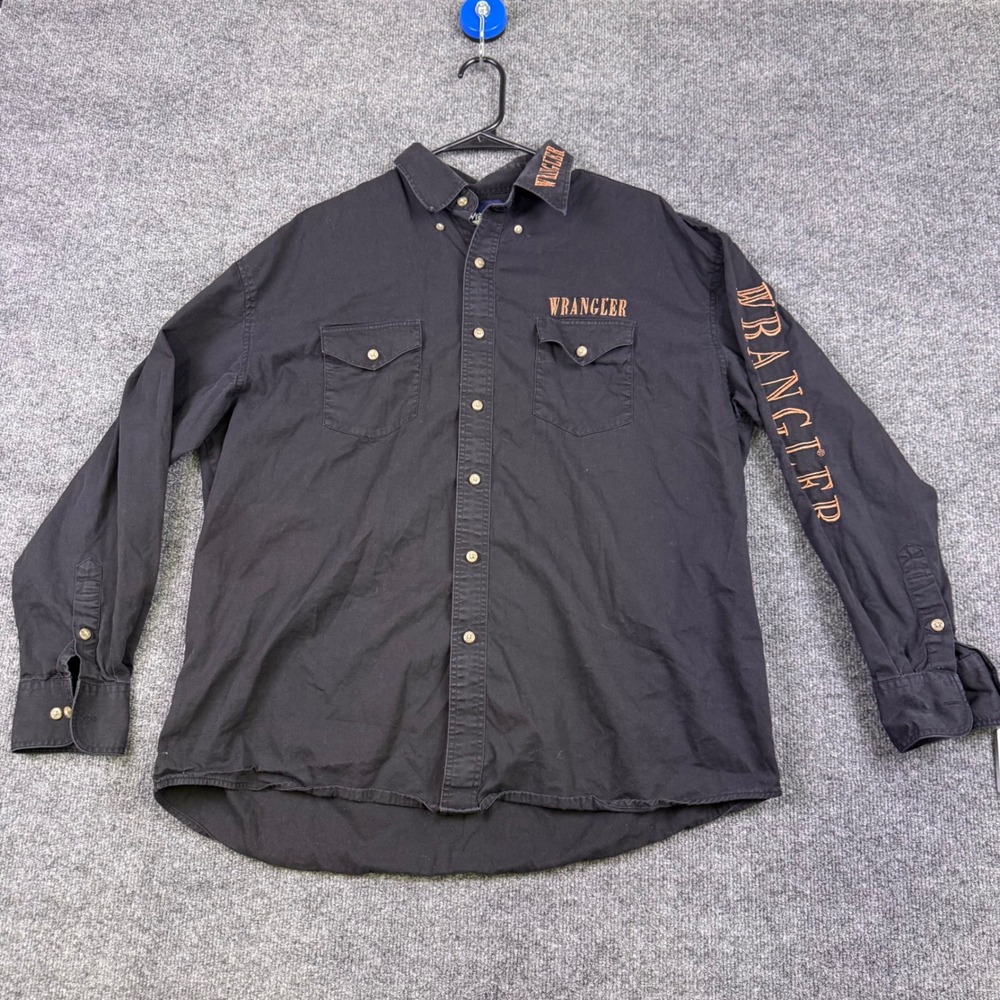 Wrangler Vintage Mens Black Embroidered Western Button Down Shirt XL Cotton